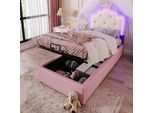 Letto Imbottito Flieks 90X200Cm Con Testata A Forma Di Corona, Letto Contenitore Idraulico Letto Per Giovani Letto Per Bambini Con Led, Letto Singolo Pu, Rosa