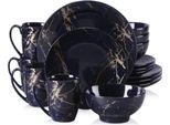 Set Da Portata Zafiro 16 Pezzi - Ceramica - Piatti Per Cena, Piatti Fondi E Colazione - Blu Scuro/Oro - Per 4 Persone