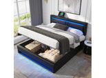 Letto Imbottito Flieks 140X190Cm Con Usb, Letto A Molle Idrauliche Con Led, Letto Contenitore Per Ragazzi Con Rete A Doghe, Letto Matrimoniale In Legno, Pu, Nero