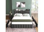 Letto Imbottito Flieks 160X200Cm Con Usb E Prese, Letto Per Ragazzi Letto Matrimoniale Con 4 Cassetti, Letto Contenitore Letto In Legno Massiccio Con Led E Rete A Doghe, Lino, Grigio