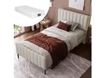 Letto Singolo Imbottito Sweiko Con Testiera Regolabile E Rete A Doghe, Lino, 90 X 200 Cm, Beige (Con Materasso)