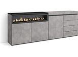 Credenza, 207X35X75Cm, Camera Da Letto, Camino Elettrico, Cassettiera, Cemento