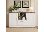 Abrihome Credenza Per Cucina 140X40X79,5 Cm Con 2 Ante E 2 Cassetti, Cassettiera Piano In Legno Marrone, Bianco