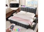 Letto Contenitore 160X200 Con Led E Usb, Letto Imbottito Con 4 Cassetti, Letto Matrimoniale, Grigio