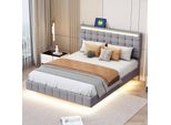 Letto Matrimoniale Imbottito 140 X 200 Cm, Giroletto Galleggiante, Imbottito, Con Illuminazione Led, Lino, Grigio