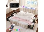 Letto Matrimoniale 140 X 200 Cm, Imbottito, Con Testata A Led, 4 Cassetti, Connessione Usb, Biancheria Da Letto Beige, Materasso Non Incluso Nella Fornitura