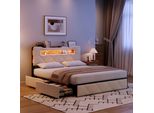Unboxg Letto Imbottito 140X200Cm Con Funzione Di Ricarica, Led, Usb E Type-C, Letto Matrimoniale Con Rete A Doghe E 4 Cassetti, Letto Contenitore, Velluto, Beige