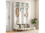 Set Di Armadi Con Panca, Albero Da Corridoio Con Contenitore Aperto, 6 Ganci Dorati E Piedini, Bianco, 120×40×191,5 Cm