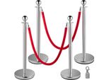 Palo Barriera In Acciaio Inox Con Corda - Testa A Sfera E Corde Di Velluto Rosso - Colonna Argento - Confezione Da 4 - Barriera Di Controllo Della Folla