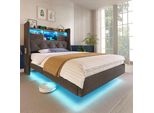 Letto Imbottito Flieks 90X200Cm Con Usb & Type-C, Letto Singolo Per Ragazzi Con Led, Letto Contenitore In Legno Con Ripiani E Cassetti, Biancheria, Grigio