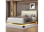 Letto 160 X 200 Cm, Imbottito, Con Testata Regolabile, Illuminazione A Led, In Lino, Beige