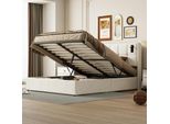 Letto Contenitore 160X200 Cm Con Rete A Doghe, Letto Imbottito Con Connessione Usb E Tipo C, Led, Velluto, Beige