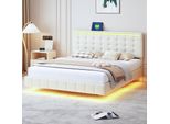 Letto Matrimoniale 160 X 200 Cm, Struttura Letto Galleggiante Imbottita, Con Led, Lino, Beige