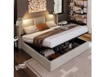 Letto 160X200 Con Led E Base Usb, Letto Matrimoniale Con Rete A Doghe E Contenitore, Lino, Grigio