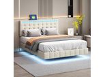 Letto Matrimoniale Imbottito 140 X 200 Cm, Struttura Letto Galleggiante, Imbottito, Con Illuminazione Led, Lino, Beige