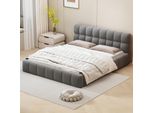 Letto Matrimoniale 160 X 200 Cm, Con Rete A Doghe E Schienale, Struttura Imbottita, Lino, Grigio