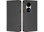 Custodia Per Huawei P50 Pro, Flip Cover In Finto Cuoio Antiurto Magnetica Con Supporto Nero
