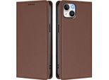 Custodia Per Iphone 15 Plus, Flip Cover In Finto Cuoio Antiurto Magnetica Con Supporto Marrone