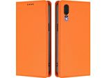 Custodia Per Huawei P20, Flip Cover In Finto Cuoio Antiurto Magnetica Con Supporto Arancione