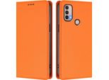Custodia Per Motorola Moto E20 / E30 / E40, Flip Cover In Finto Cuoio Antiurto Magnetica Con Supporto Arancione