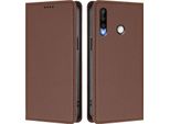 Custodia Per Huawei P30 Lite, Flip Cover In Finto Cuoio Antiurto Magnetica Con Supporto Marrone