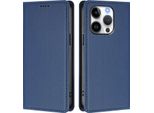 Custodia In Pelle Per Iphone 16 Pro, Flip Case Magnetico In Finto Cuoio Con Supporto Blu Scuro