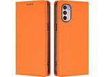 Custodia Per Motorola Moto G41 / Moto G31, Flip Cover In Finto Cuoio Antiurto Magnetica Con Supporto Arancione