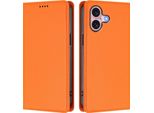Custodia Per Iphone 16, Flip Cover In Finto Cuoio Antiurto Magnetica Con Supporto Arancione