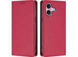Custodia Per Iphone 16, Flip Cover In Finto Cuoio Antiurto Magnetica Con Supporto Rosso