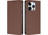 Custodia Per Iphone 16 Pro, Flip Cover In Finto Cuoio Antiurto Magnetica Con Supporto Marrone