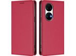Custodia Per Huawei P50, Flip Cover In Finto Cuoio Antiurto Magnetica Con Supporto Rosso