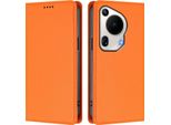 Custodia Per Huawei Pura 70 Ultra, Flip Cover In Finto Cuoio Antiurto Magnetica Con Supporto Arancione