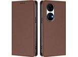 Custodia Per Huawei P50, Flip Cover In Finto Cuoio Antiurto Magnetica Con Supporto Marrone