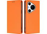 Custodia Per Huawei Pura 70 Pro/Pura 70 Pro+, Flip Cover In Finto Cuoio Antiurto E Magnetica Con Supporto Arancione
