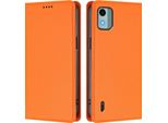 Custodia Per Cellulare Per Nokia C12, Flip Cover In Finto Cuoio Antiurto Magnetica Con Supporto Arancione