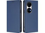 Custodia Per Huawei P50 Pro, Flip Cover In Finto Cuoio Antiurto Magnetica Con Supporto Blu Scuro