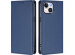 Custodia Per Iphone 15, Flip Cover In Finto Cuoio Antiurto Con Custodia Magnetica E Supporto Blu Scuro