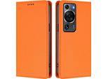 Custodia In Pelle Per Huawei P60 / P60 Pro, Custodia Magnetica In Finto Cuoio Con Supporto Arancione