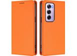 Custodia In Pelle Per Oppo Reno12 Pro 5G, Custodia Flip Magnetica In Finto Cuoio Con Supporto Arancione