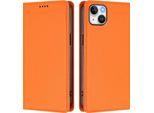 Custodia Per Iphone 15 Plus, Flip Cover In Finto Cuoio Antiurto Magnetica Con Supporto Arancione