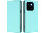 Custodia Per Xiaomi 14 Pro, Flip Cover In Finto Cuoio Antiurto Magnetica Con Supporto Turchese