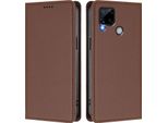 Custodia In Pelle Per Realme C25, Flip Case Magnetico In Finto Cuoio Con Supporto Brown