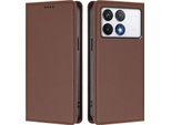 Custodia In Pelle Per Xiaomi Poco F6 Pro, Custodia Magnetica In Finto Cuoio Con Supporto Marrone