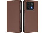 Custodia Per Xiaomi 14T Pro, Flip Cover In Finto Cuoio Antiurto E Magnetica Con Supporto Marrone