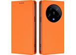 Custodia Per Xiaomi 14 Ultra, Flip Cover In Finto Cuoio Antiurto Magnetica Con Supporto Arancione