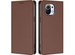 Custodia In Pelle Per Xiaomi Mi 11, Flip Case Magnetico In Finto Cuoio Con Supporto Marrone