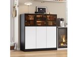 Cassettiera Merax, Con Illuminazione Led, 3 Ante In Vetro, 3 Ante, Mobile Contenitore Per Soggiorno Cucina Sala Da Pranzo, 100×40×105 Cm, Nero+Bianco