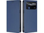 Custodia In Pelle Per Xiaomi Poco X4 Pro 5G, Flip Case Magnetico In Finto Cuoio Con Supporto Blu Scuro