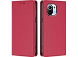 Custodia Per Xiaomi Mi 11, Flip Cover In Finto Cuoio Antiurto E Magnetica Con Supporto Rosso