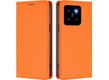 Custodia Per Xiaomi 14 Pro, Flip Cover In Finto Cuoio Antiurto E Magnetica Con Supporto Arancione
